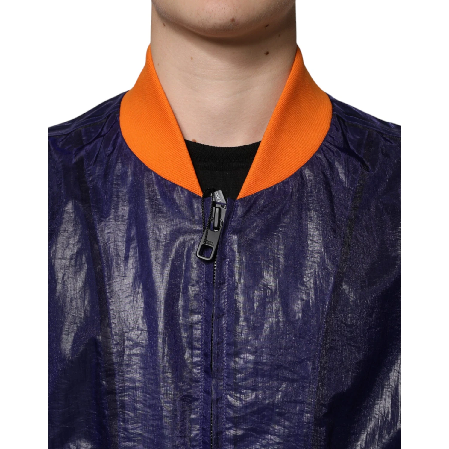 Blue Cotton Stretch Full Zip Bomber Jacket