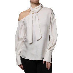 Beige Silk Ascot Collared Long Sleeves Top
