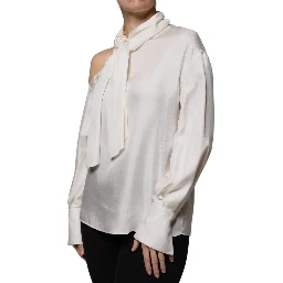 Beige Silk Ascot Collared Long Sleeves Top