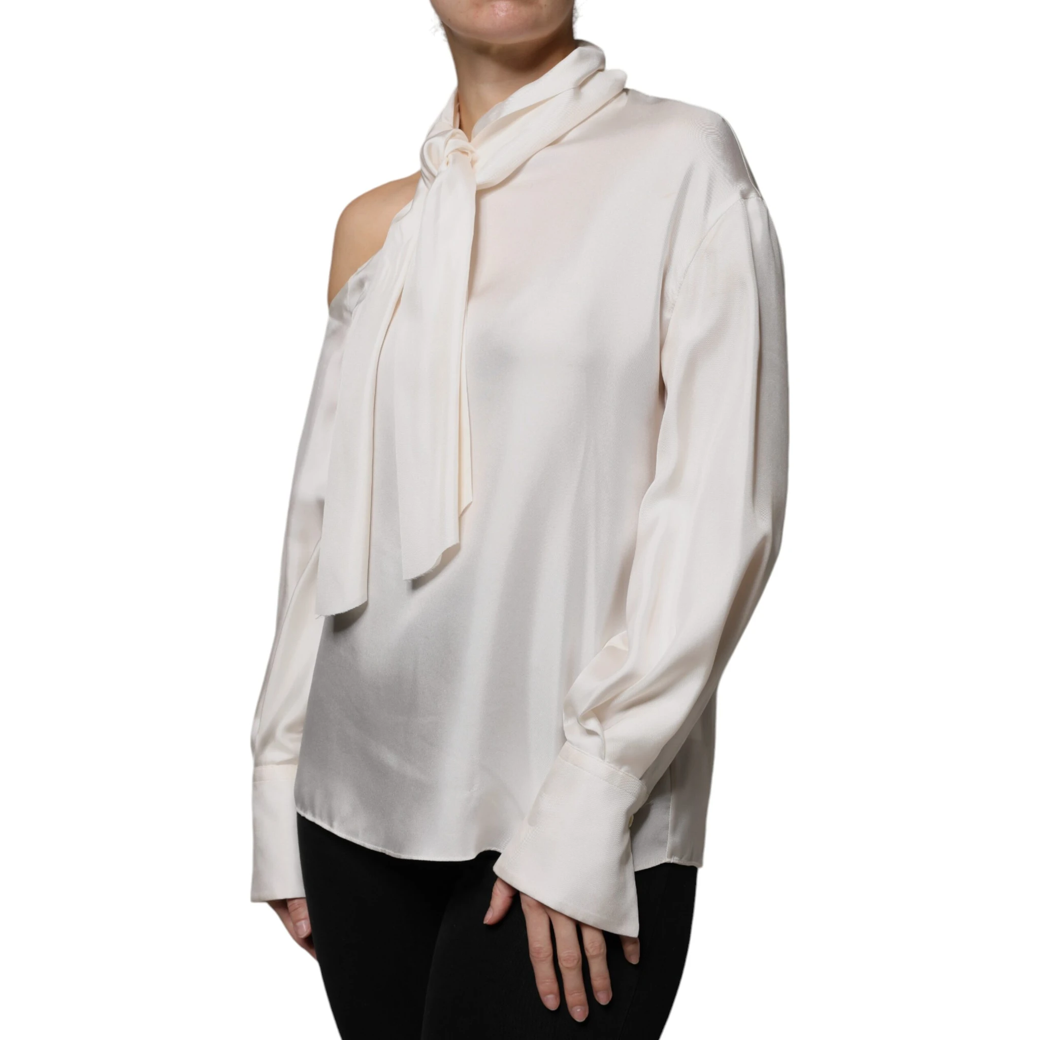 Beige Silk Ascot Collared Long Sleeves Top