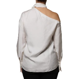 Beige Silk Ascot Collared Long Sleeves Top