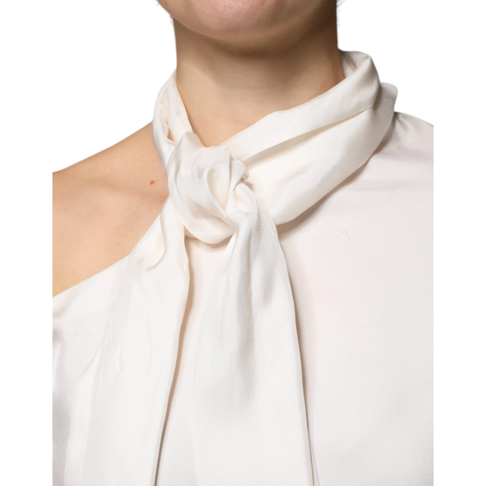 Beige Silk Ascot Collared Long Sleeves Top