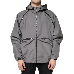 Gray Polyester Hooded Men Full Zip Jacket