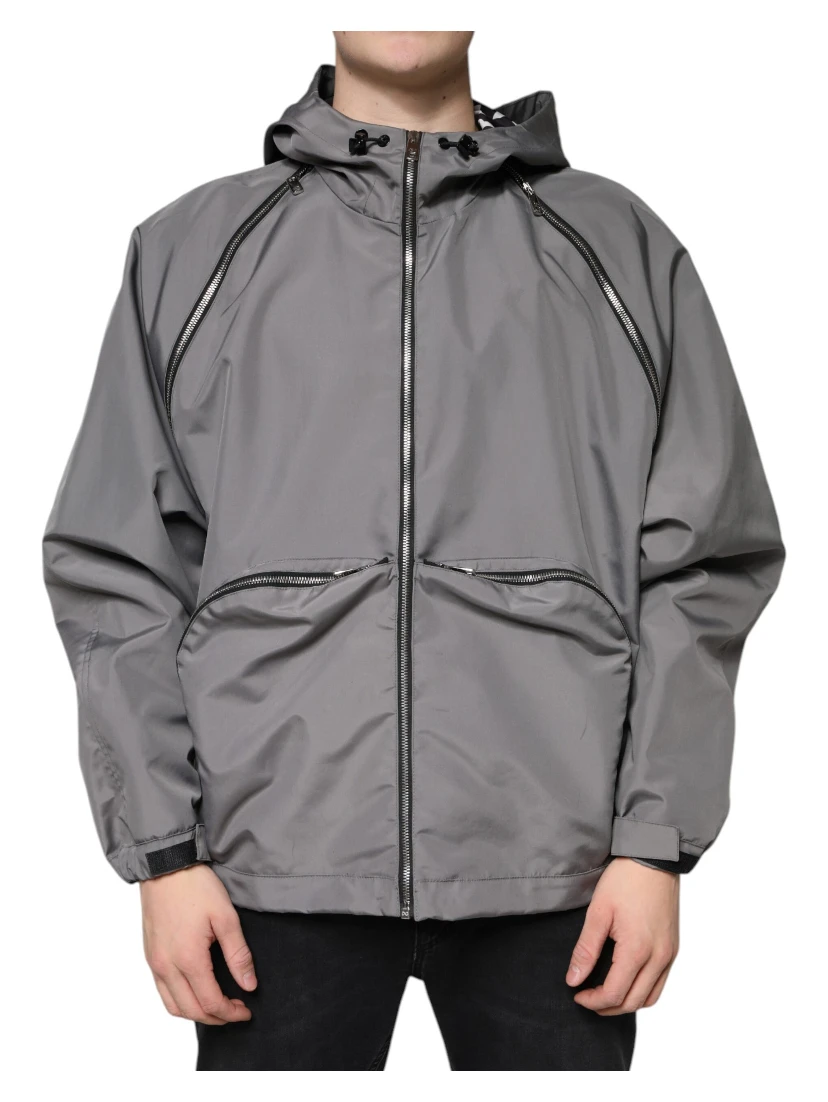 Gray Polyester Hooded Men Full Zip Jacket
