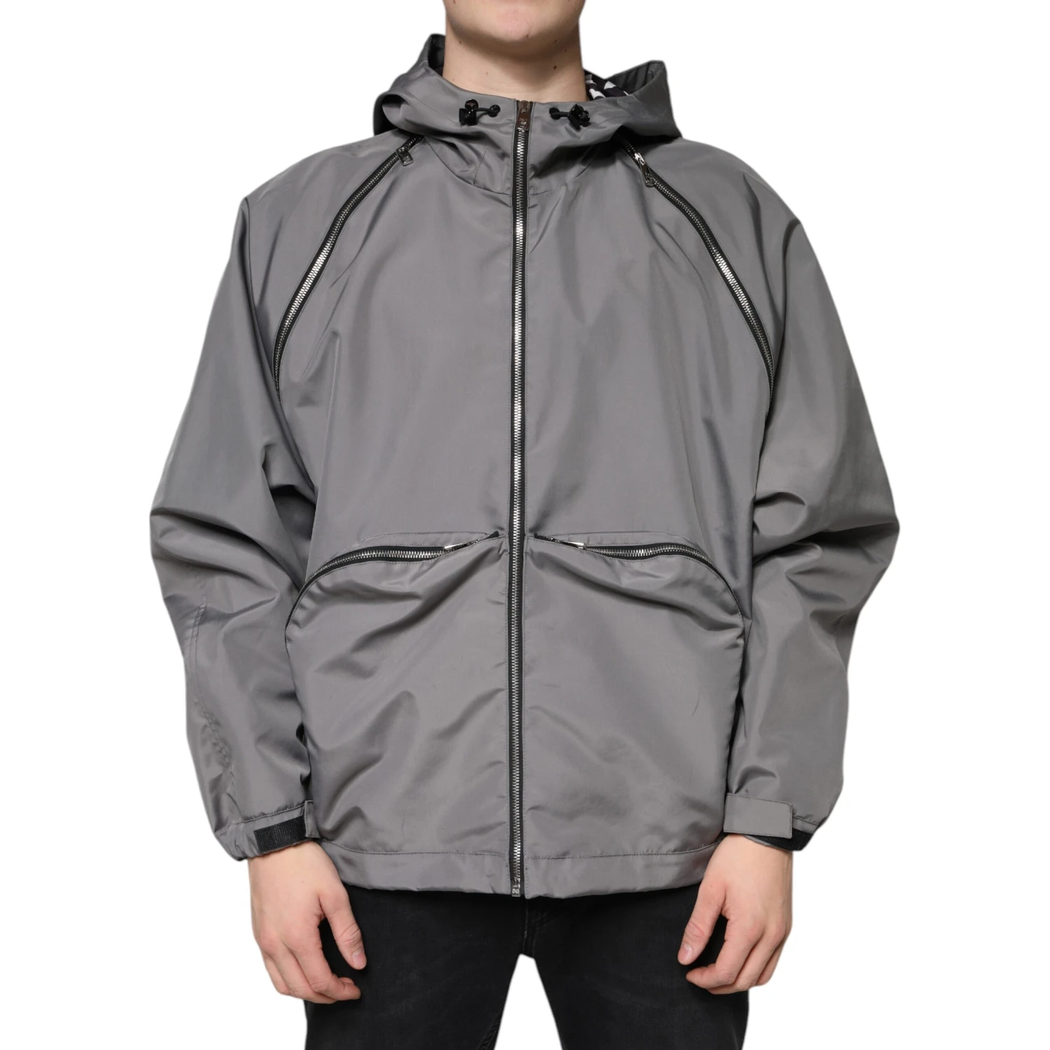 Gray Polyester Hooded Men Full Zip Jacket