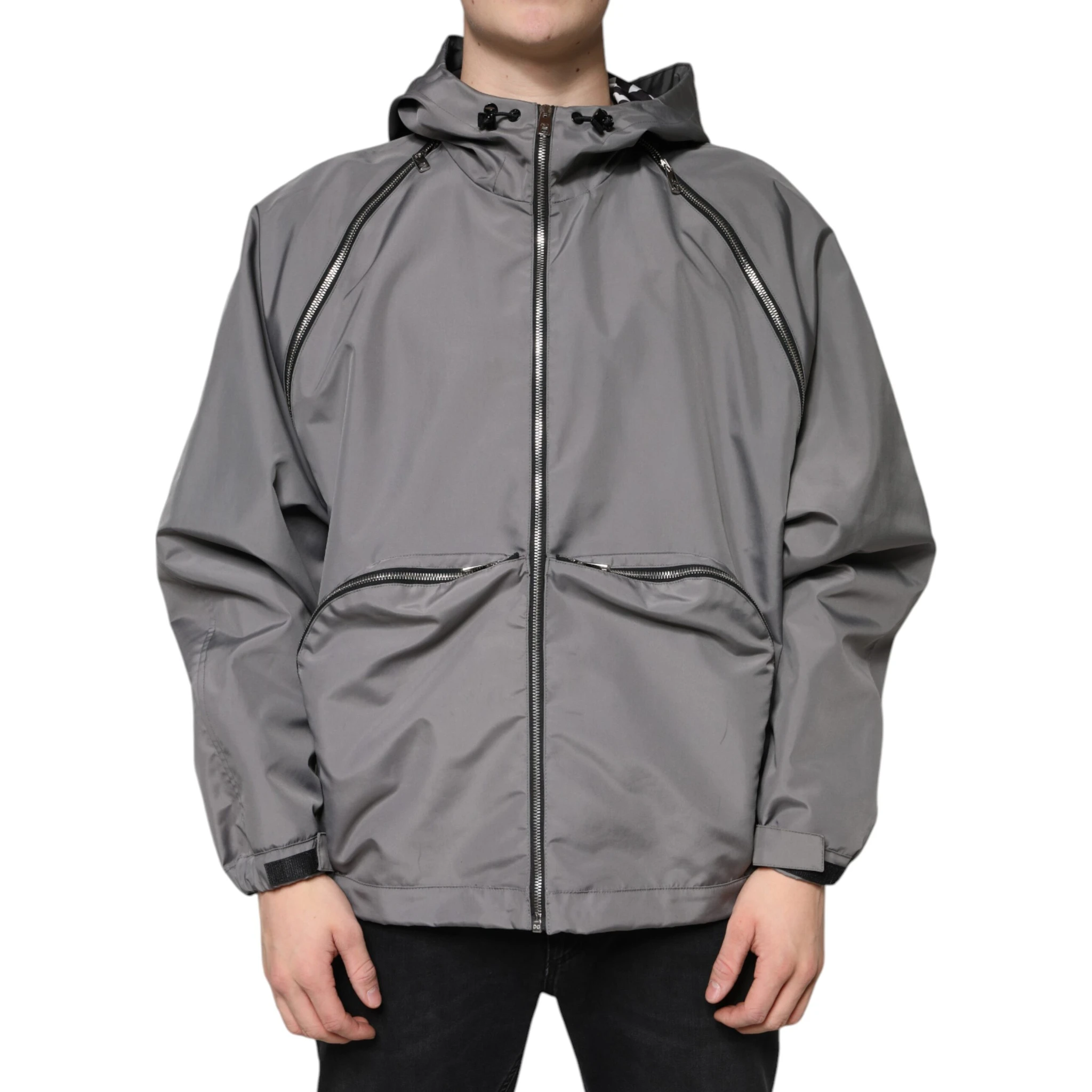 Gray Polyester Hooded Men Full Zip Jacket