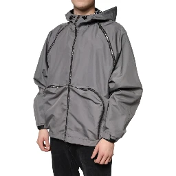 Gray Polyester Hooded Men Full Zip Jacket