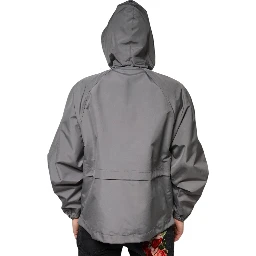 Gray Polyester Hooded Men Full Zip Jacket
