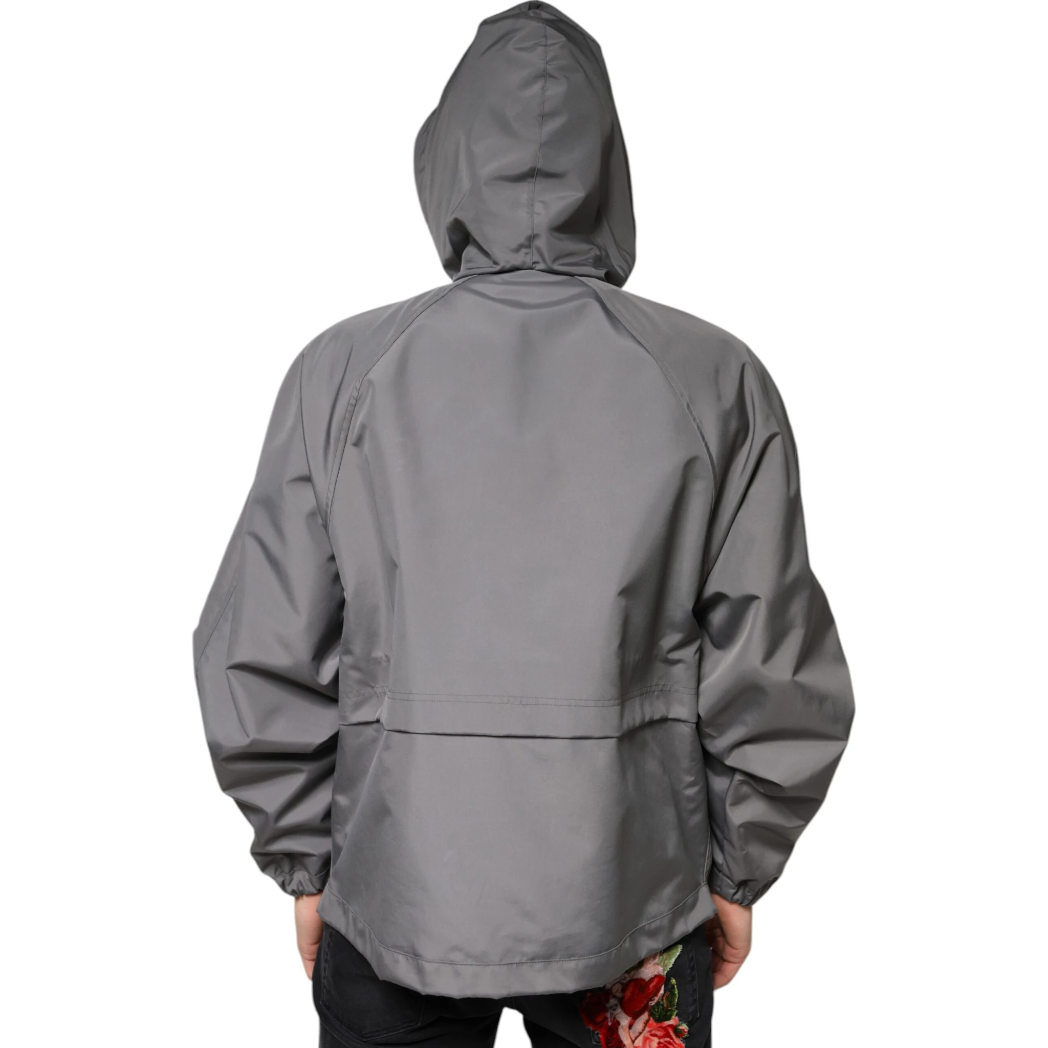 Gray Polyester Hooded Men Full Zip Jacket