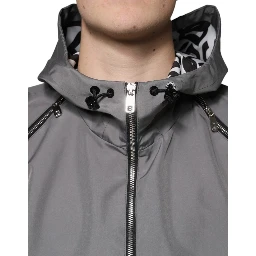Gray Polyester Hooded Men Full Zip Jacket