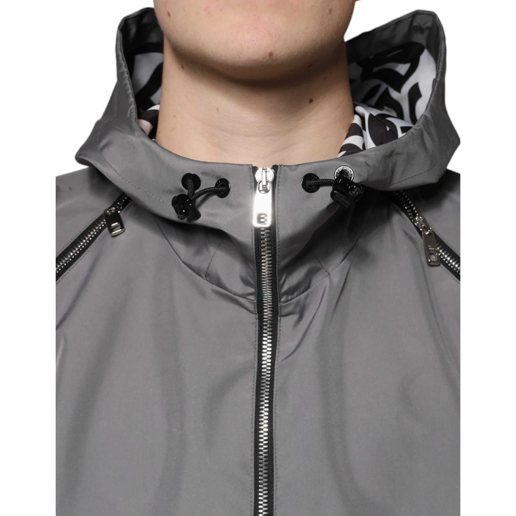 Gray Polyester Hooded Men Full Zip Jacket