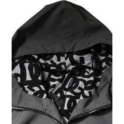 Gray Polyester Hooded Men Full Zip Jacket