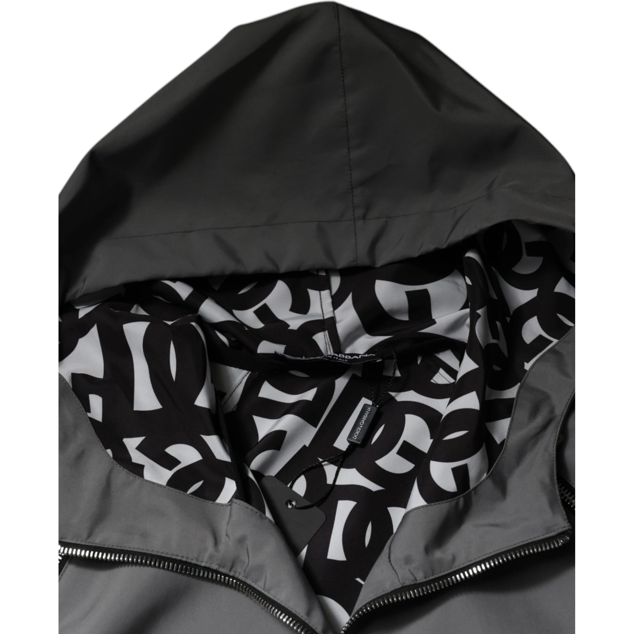 Gray Polyester Hooded Men Full Zip Jacket