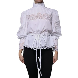 White Cotton Lace Trim Turtleneck Blouse Top