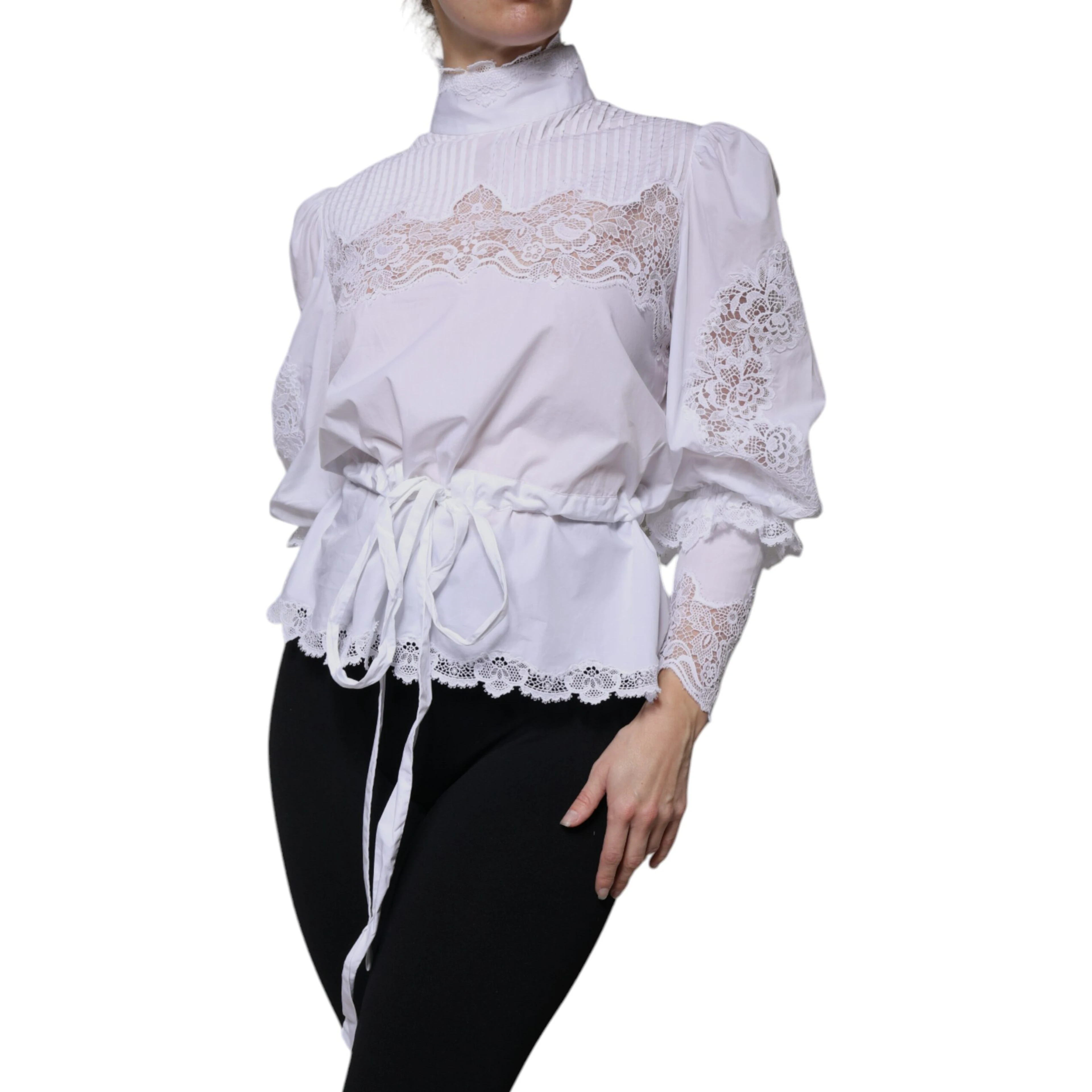 White Cotton Lace Trim Turtleneck Blouse Top