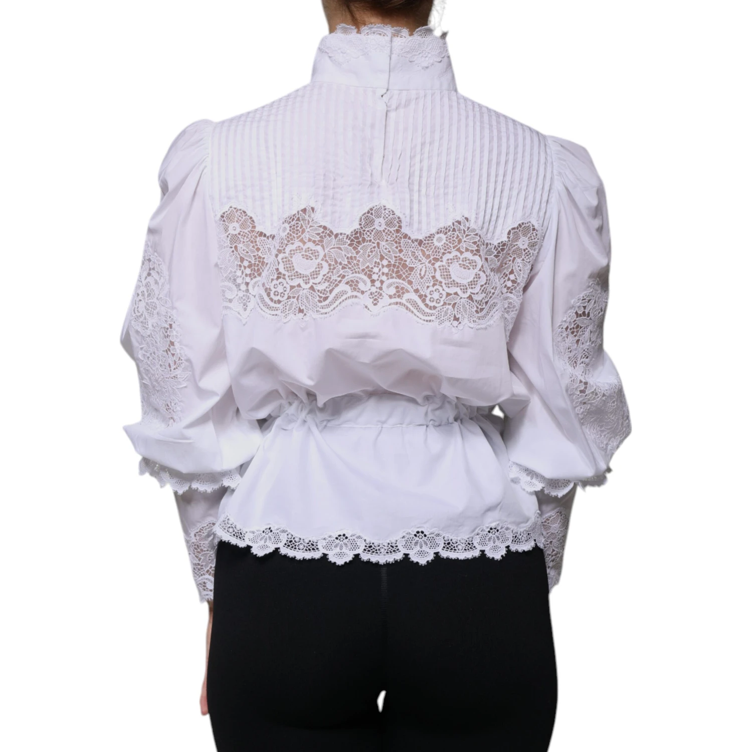 White Cotton Lace Trim Turtleneck Blouse Top