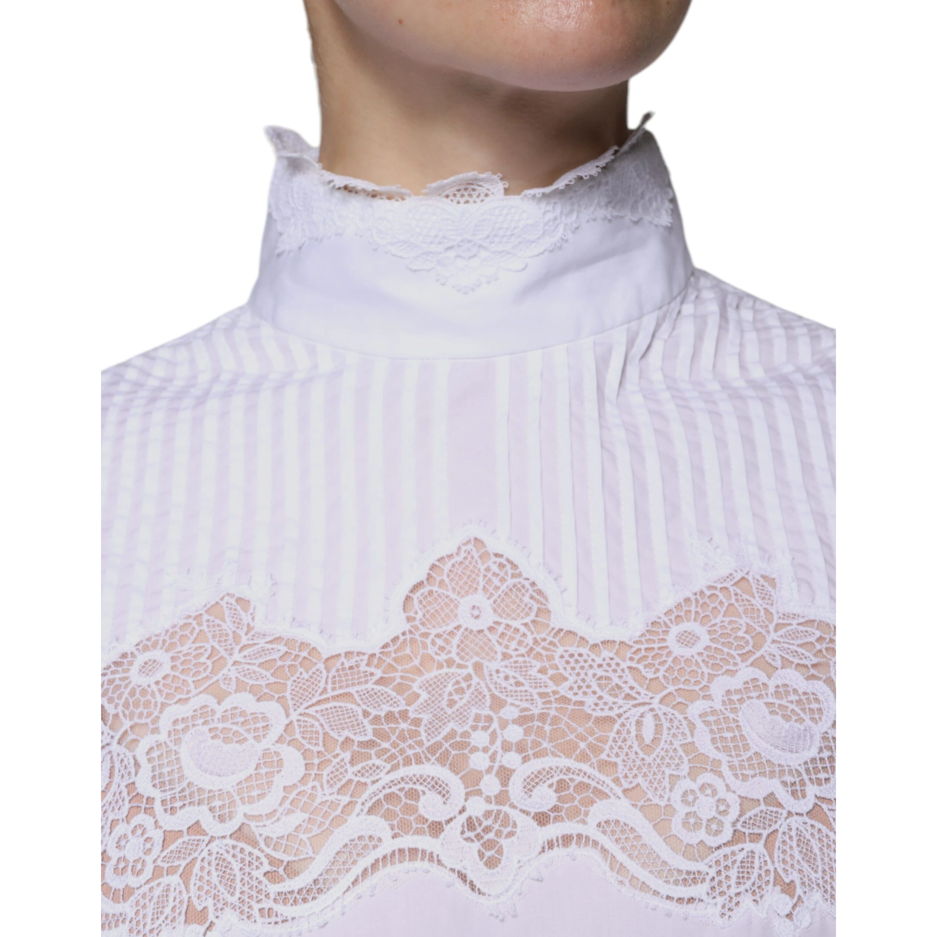 White Cotton Lace Trim Turtleneck Blouse Top