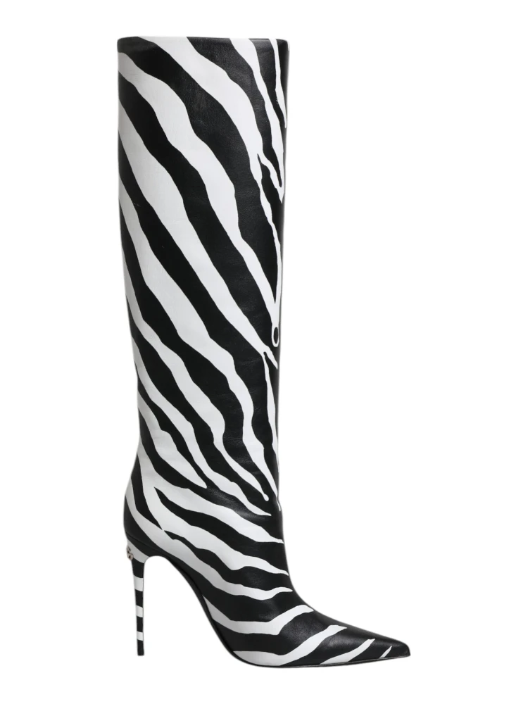 Black White Zebra Heels High Boots Shoes