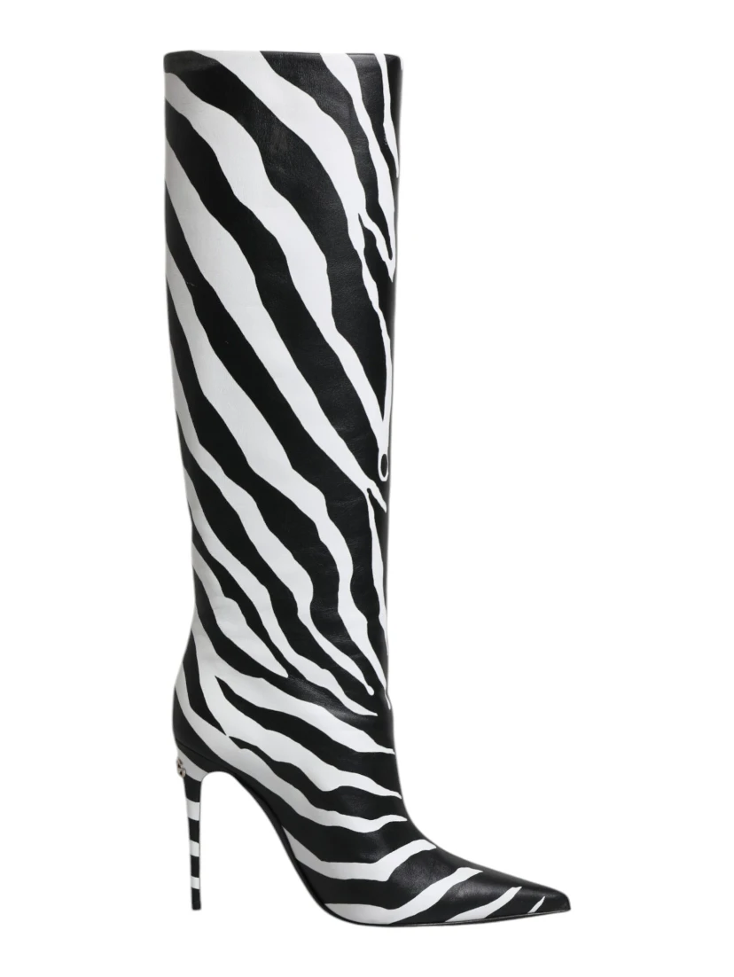 Black White Zebra Heels High Boots Shoes