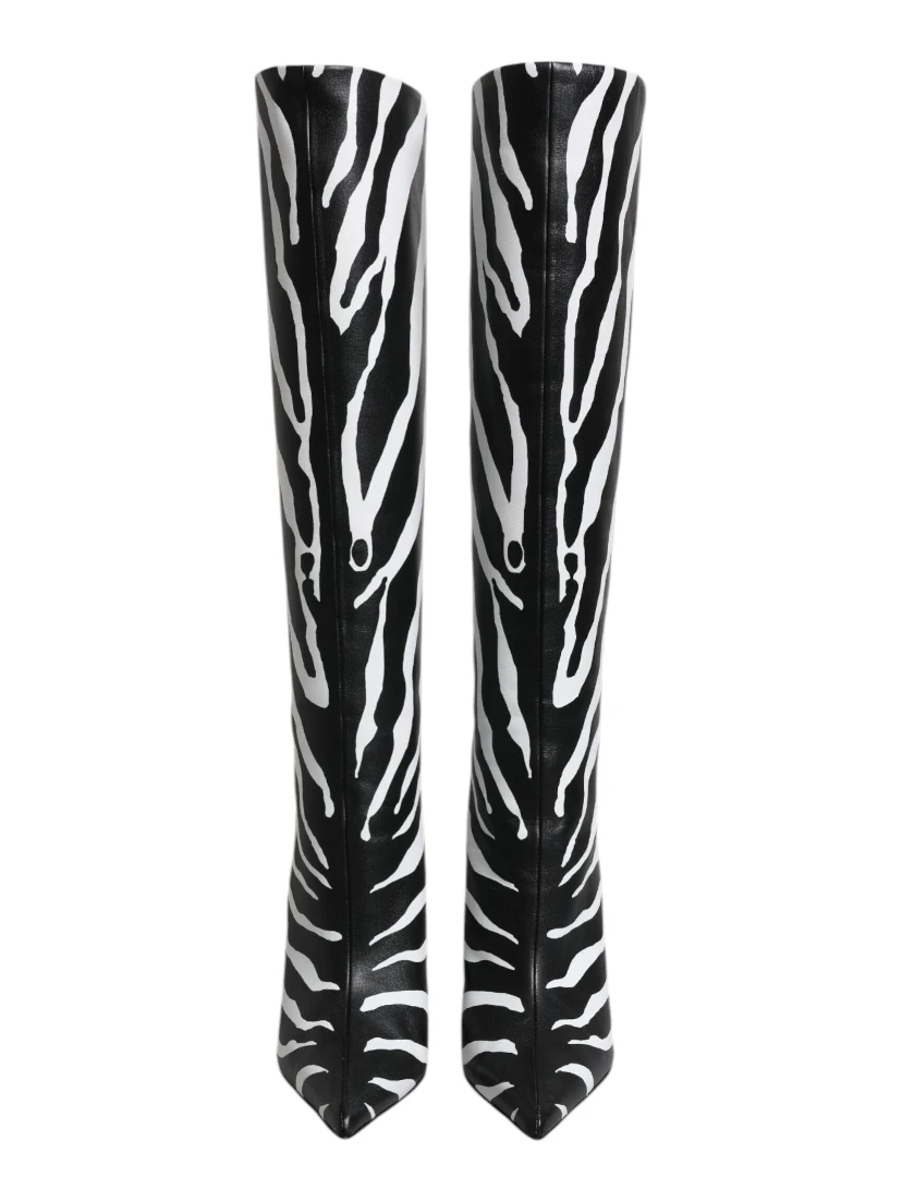 Black White Zebra Heels High Boots Shoes