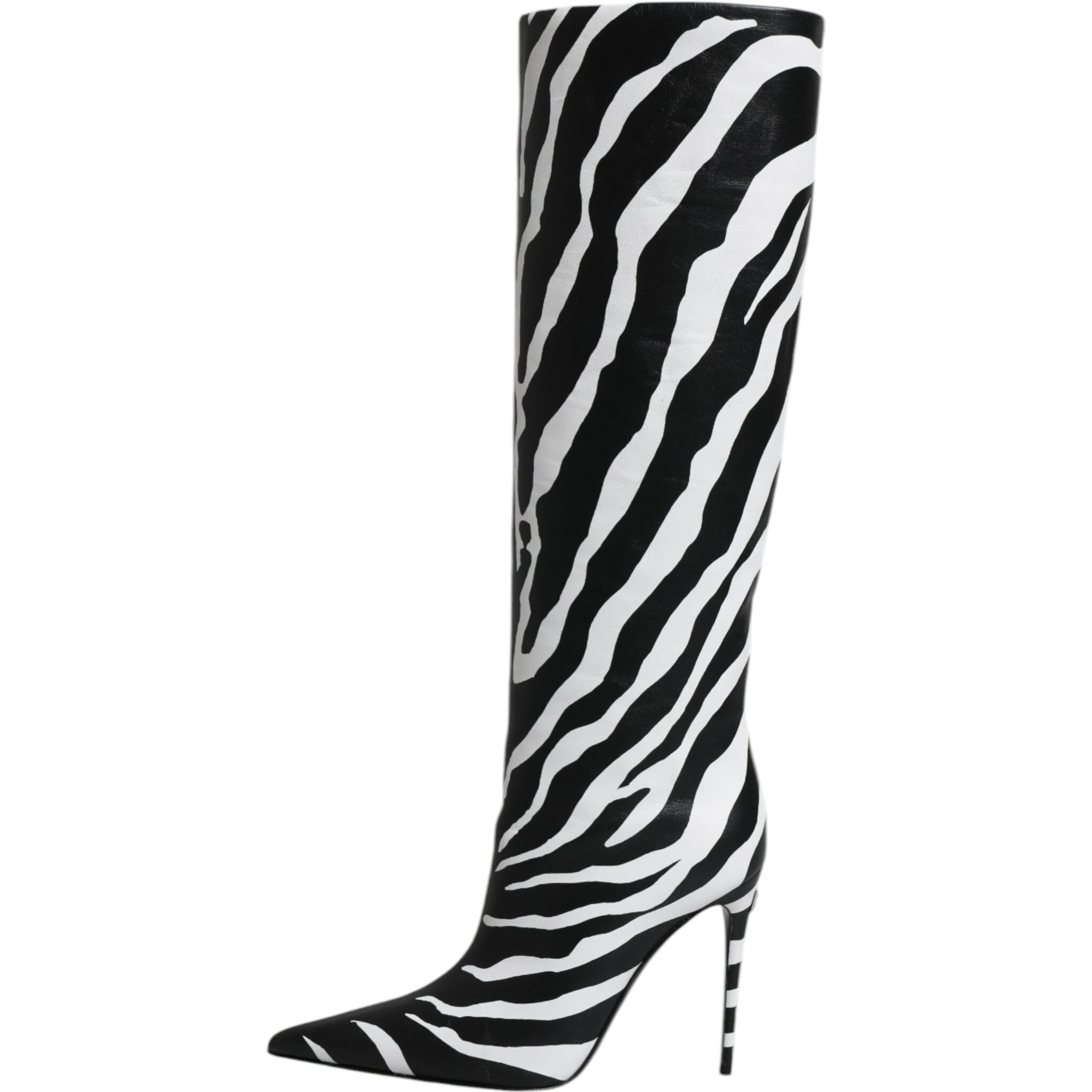 Black White Zebra Heels High Boots Shoes
