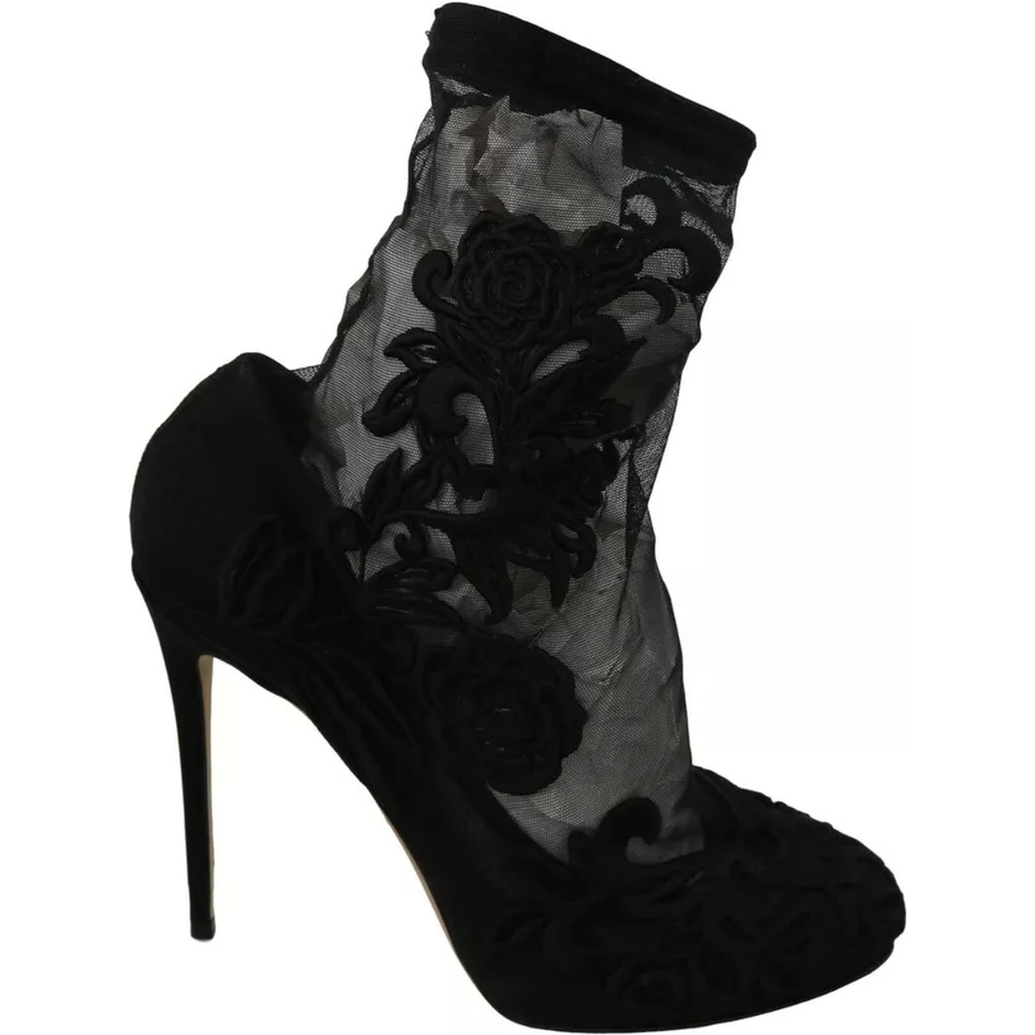 Black Tulle Stretch Floral Booties Shoes