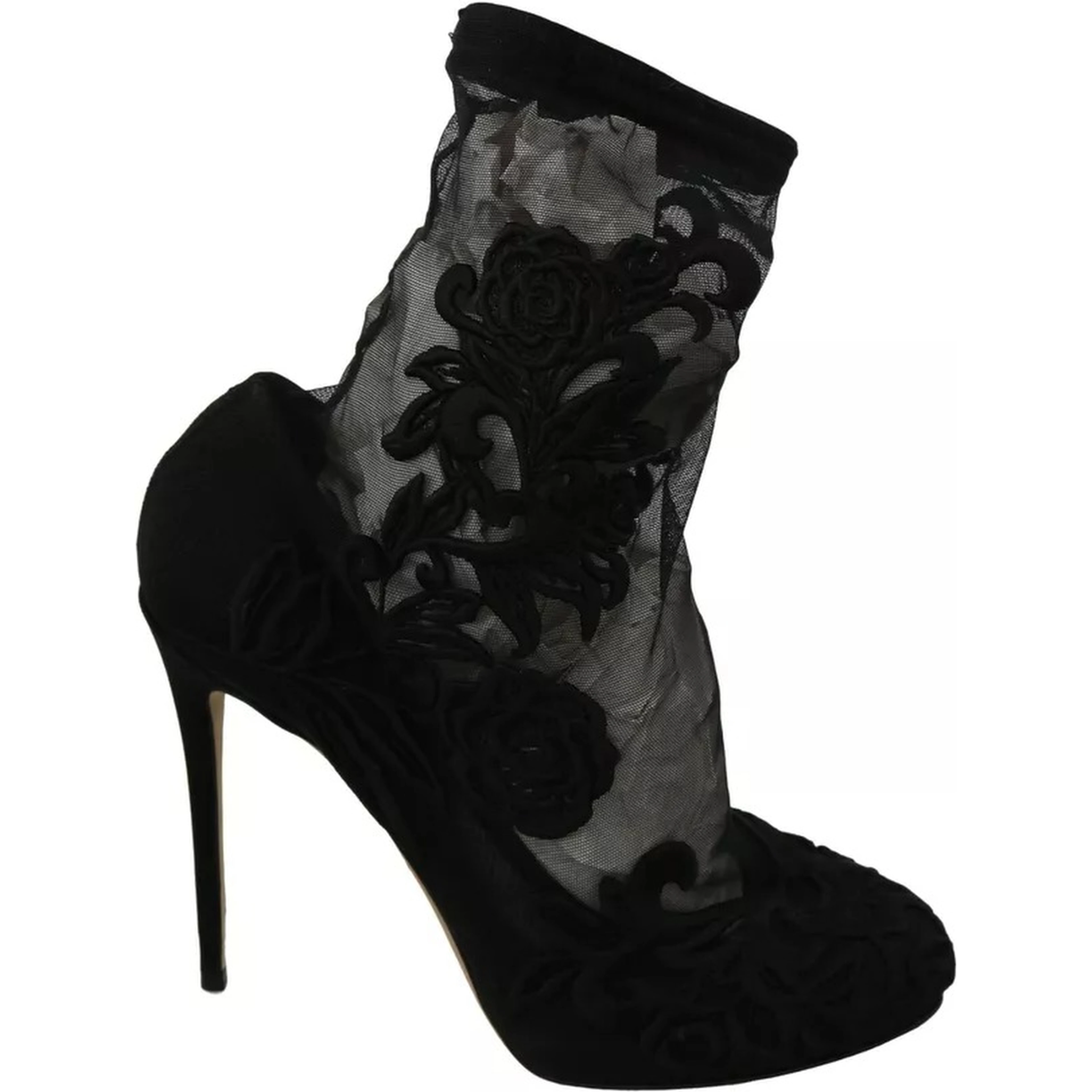 Black Tulle Stretch Floral Booties Shoes