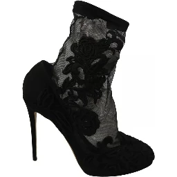 Black Tulle Stretch Floral Booties Shoes