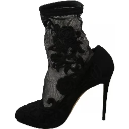 Black Tulle Stretch Floral Booties Shoes