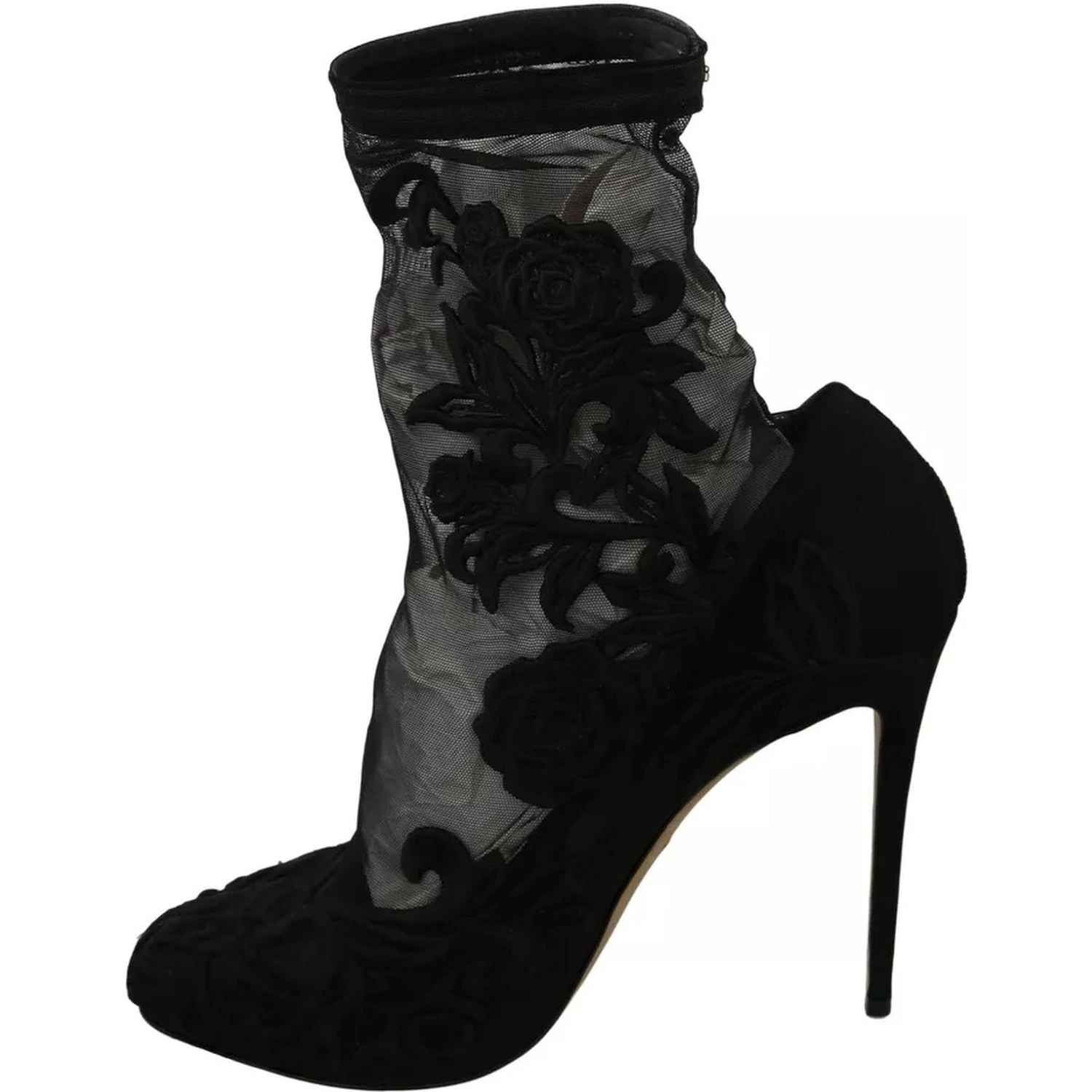 Black Tulle Stretch Floral Booties Shoes