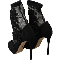 Black Tulle Stretch Floral Booties Shoes