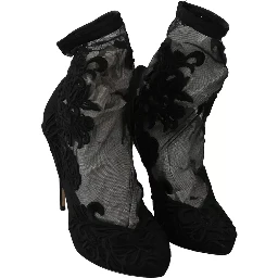 Black Tulle Stretch Floral Booties Shoes