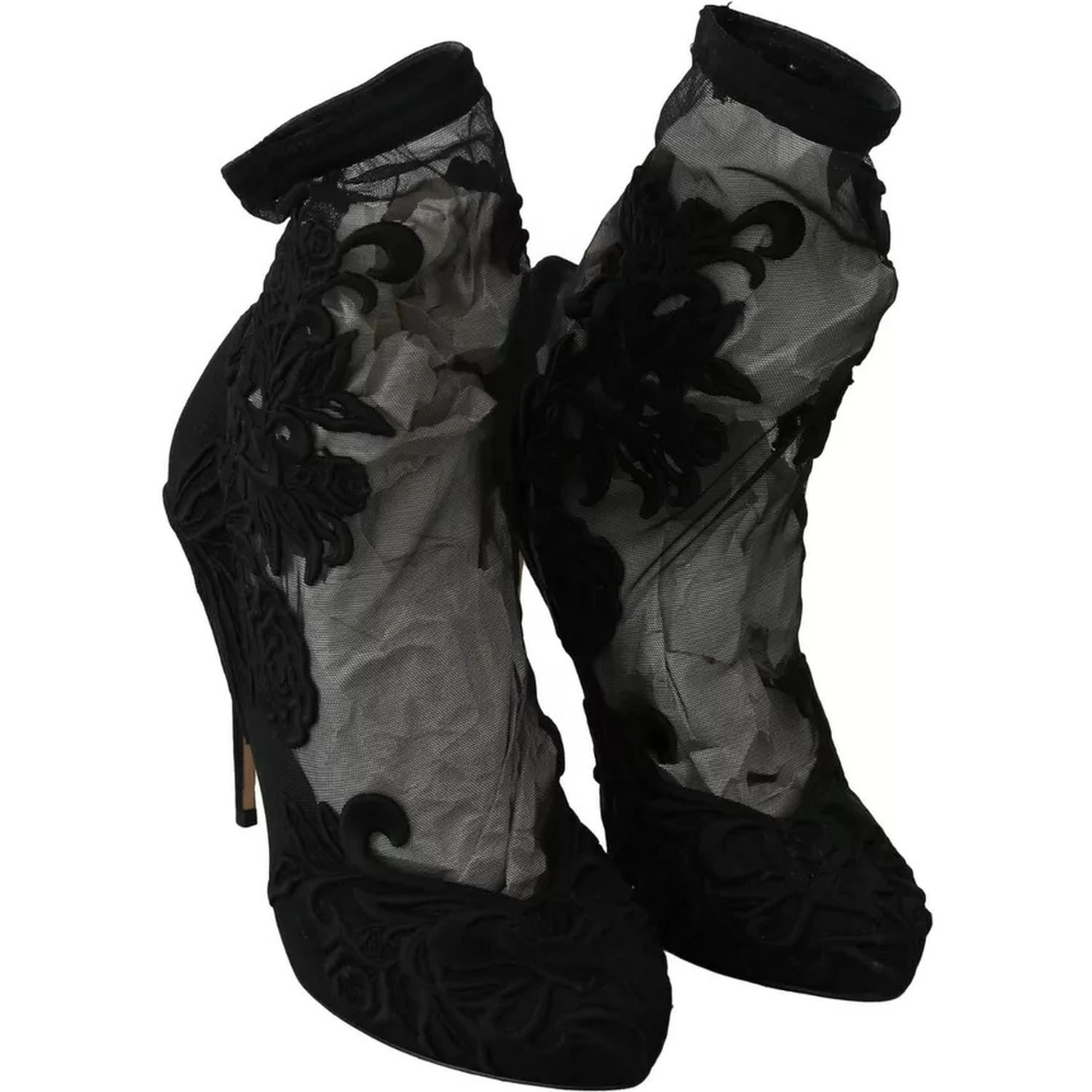 Black Tulle Stretch Floral Booties Shoes