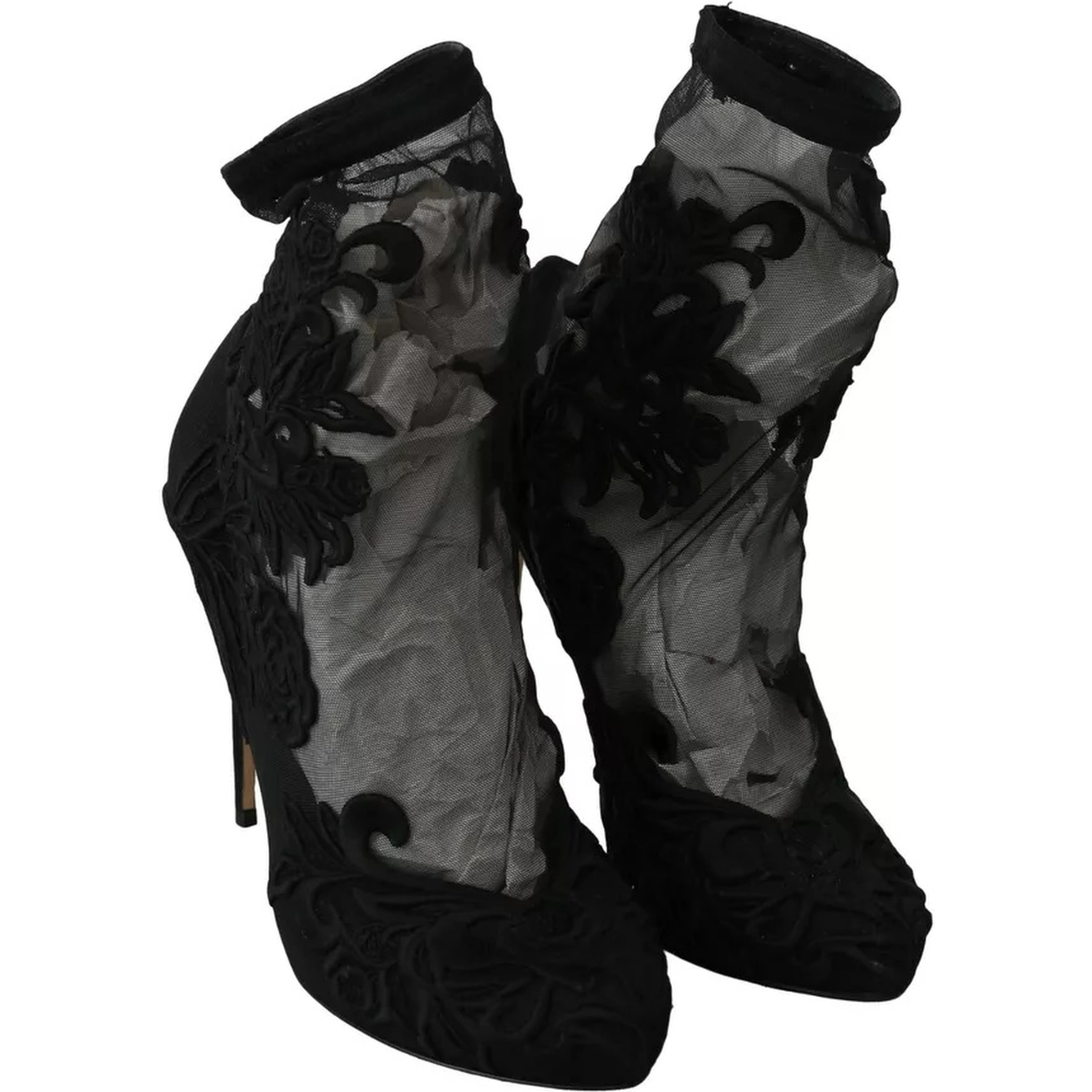 Black Tulle Stretch Floral Booties Shoes
