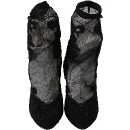 Black Tulle Stretch Floral Booties Shoes