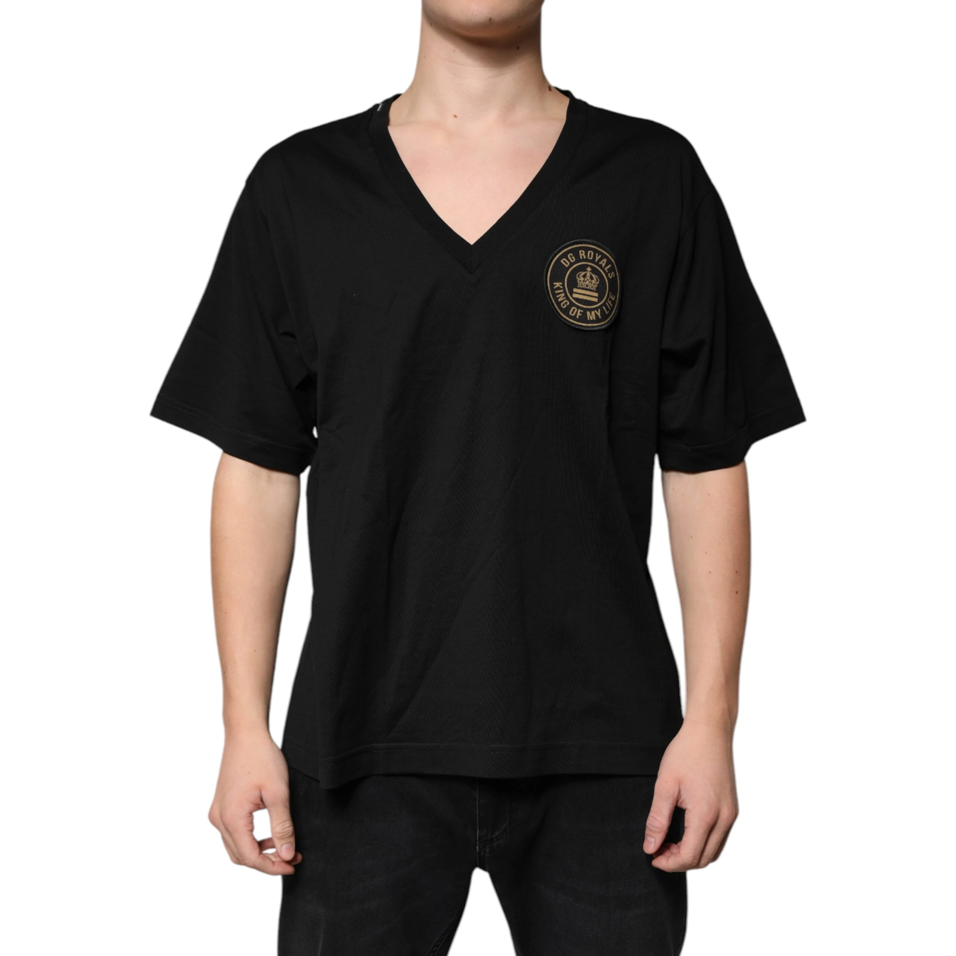 Black Cotton Logo Vneck Short Sleeve T-shirt