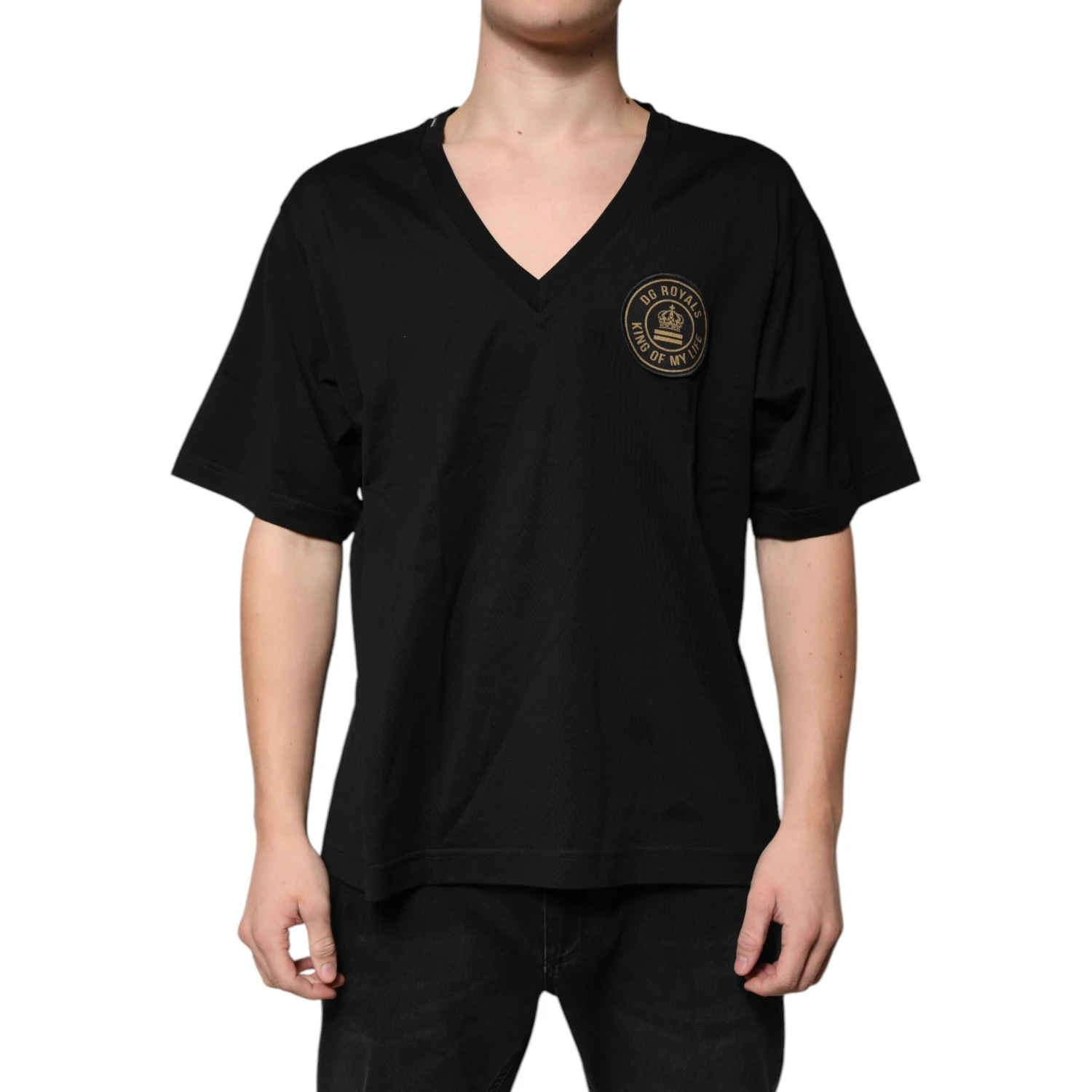 Black Cotton Logo Vneck Short Sleeve T-shirt