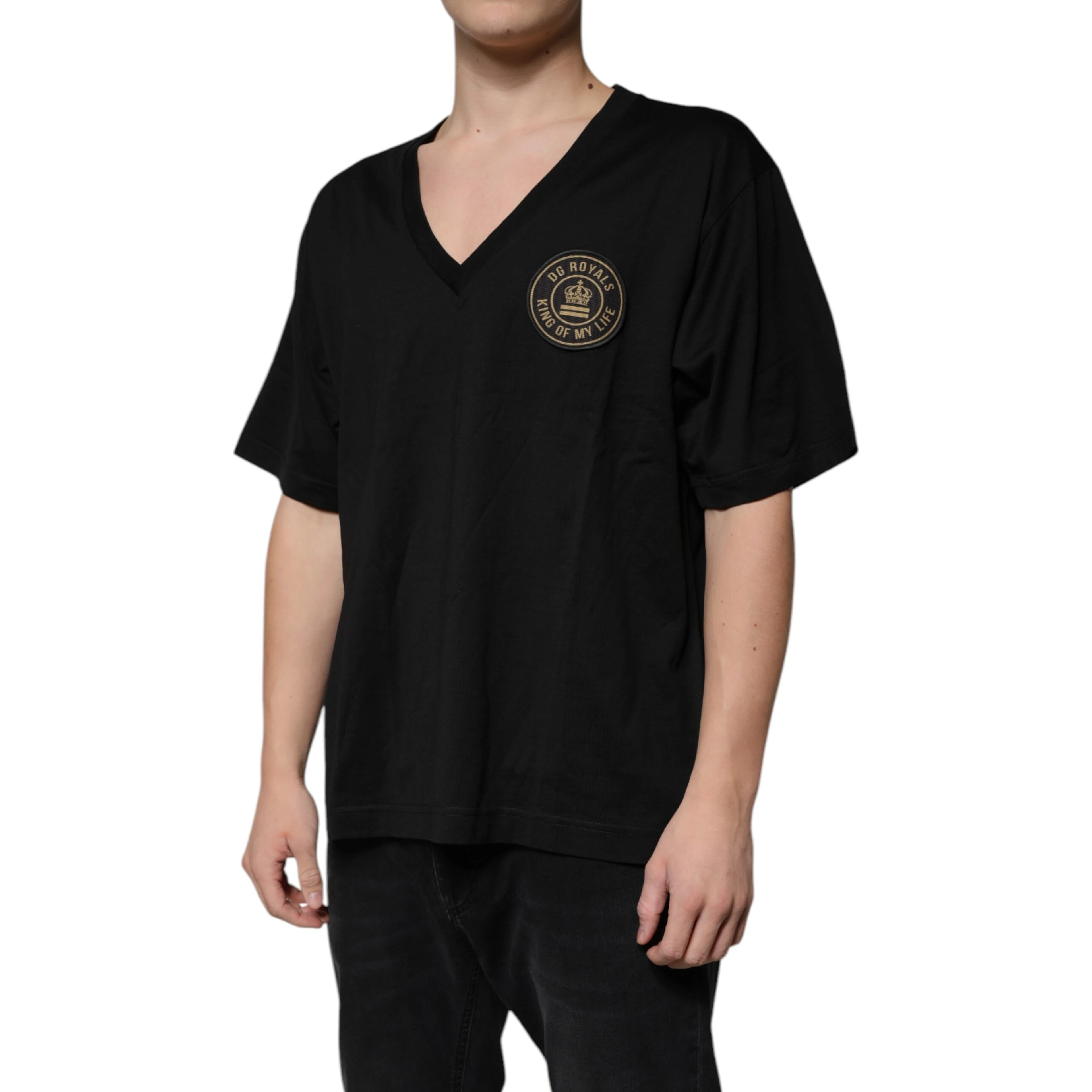 Black Cotton Logo Vneck Short Sleeve T-shirt