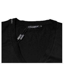 Black Cotton Logo Vneck Short Sleeve T-shirt
