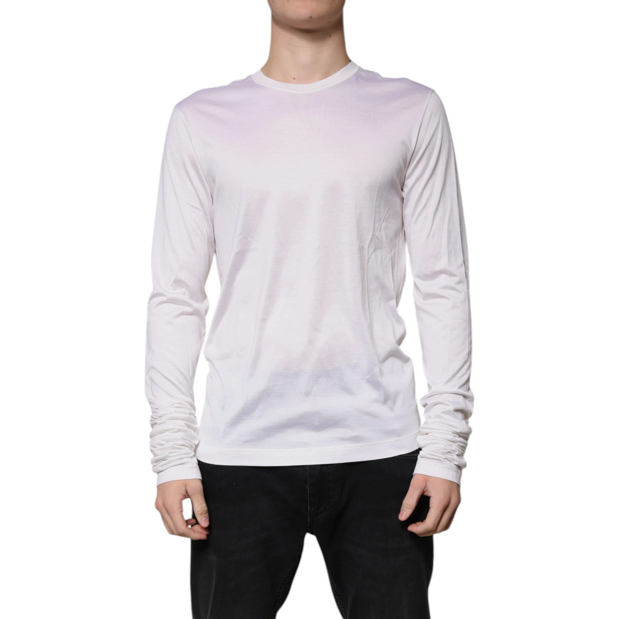 White Silk Crew Neck Men Pullover Sweater