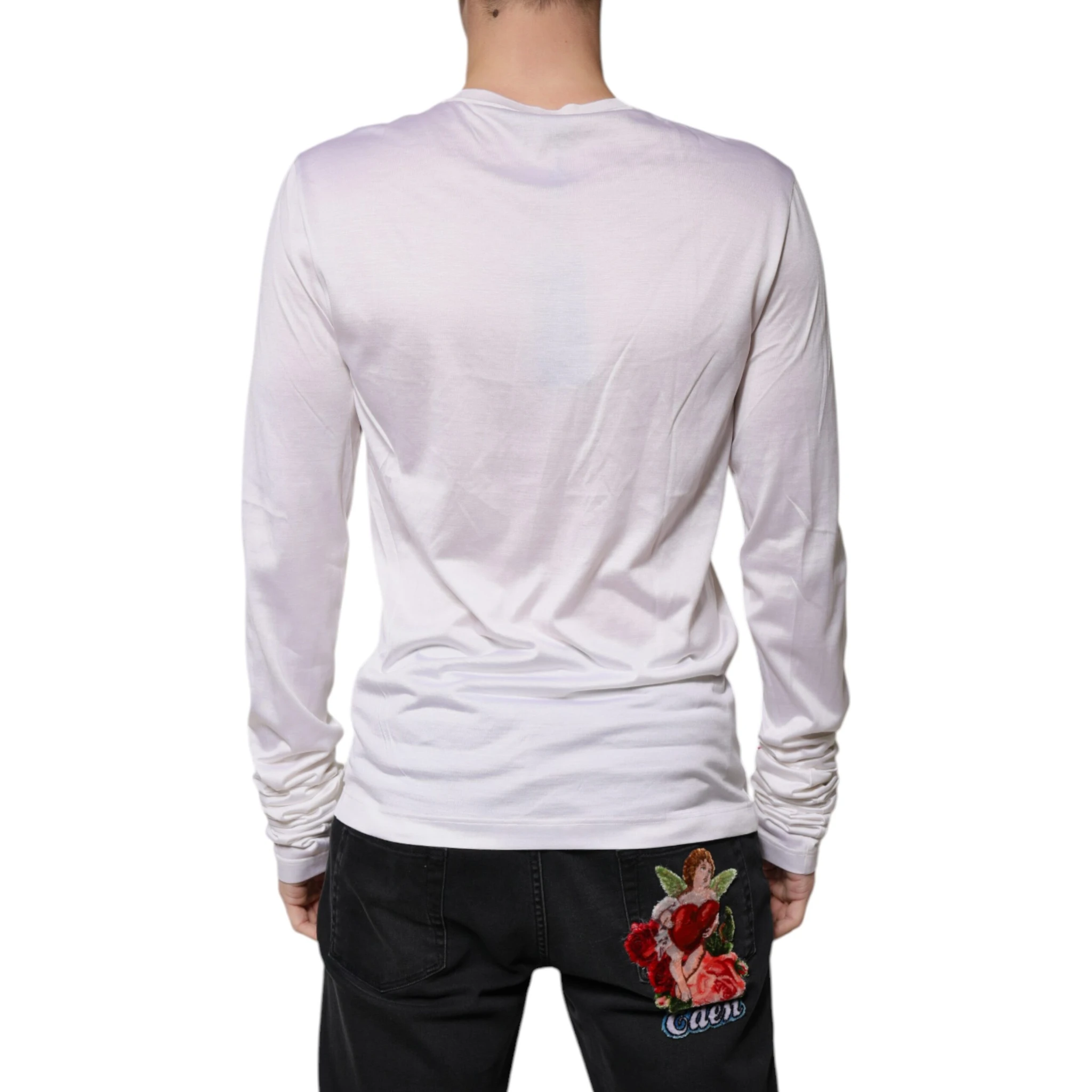 White Silk Crew Neck Men Pullover Sweater