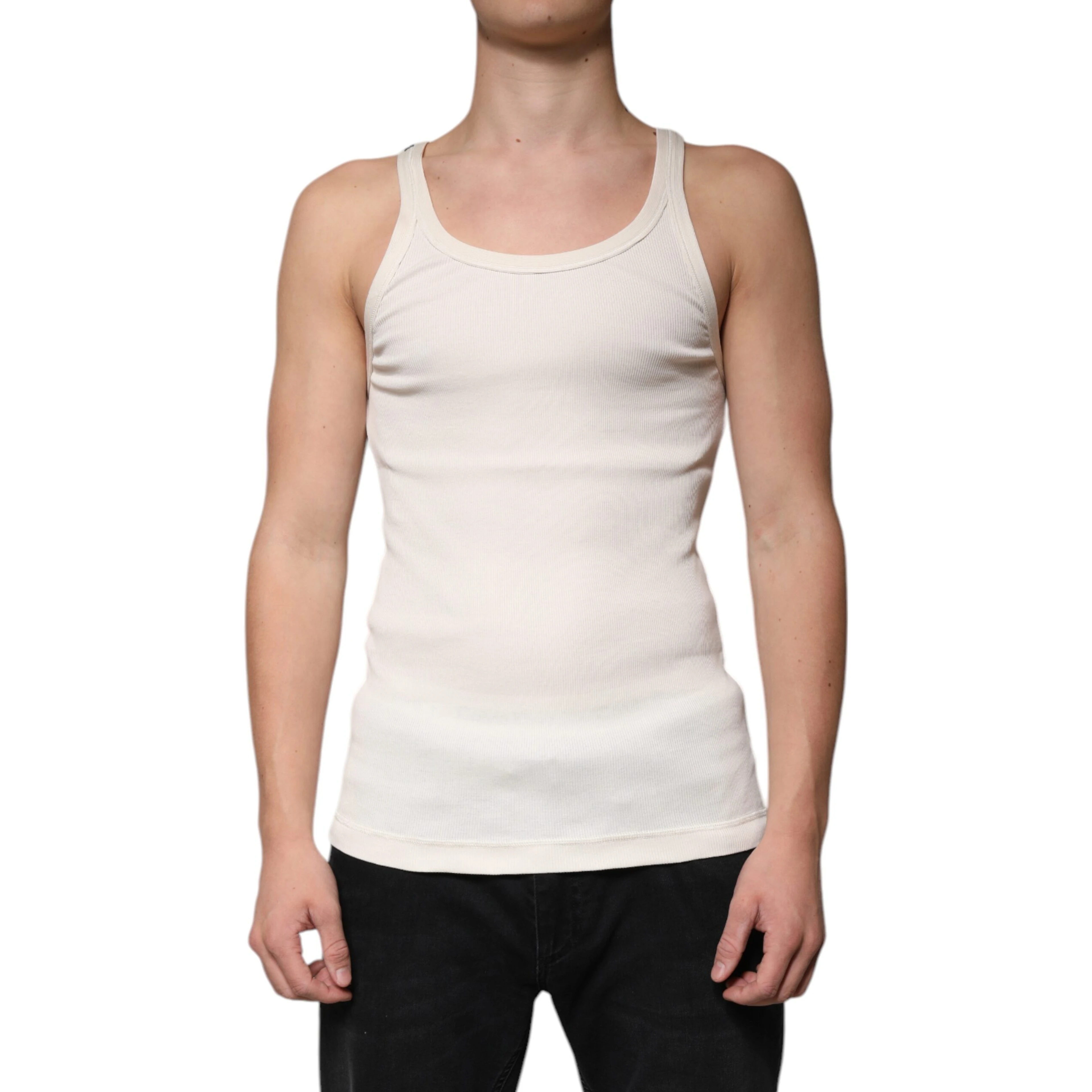 Off White Cotton Sleeveless Round Neck Tank T-shirt