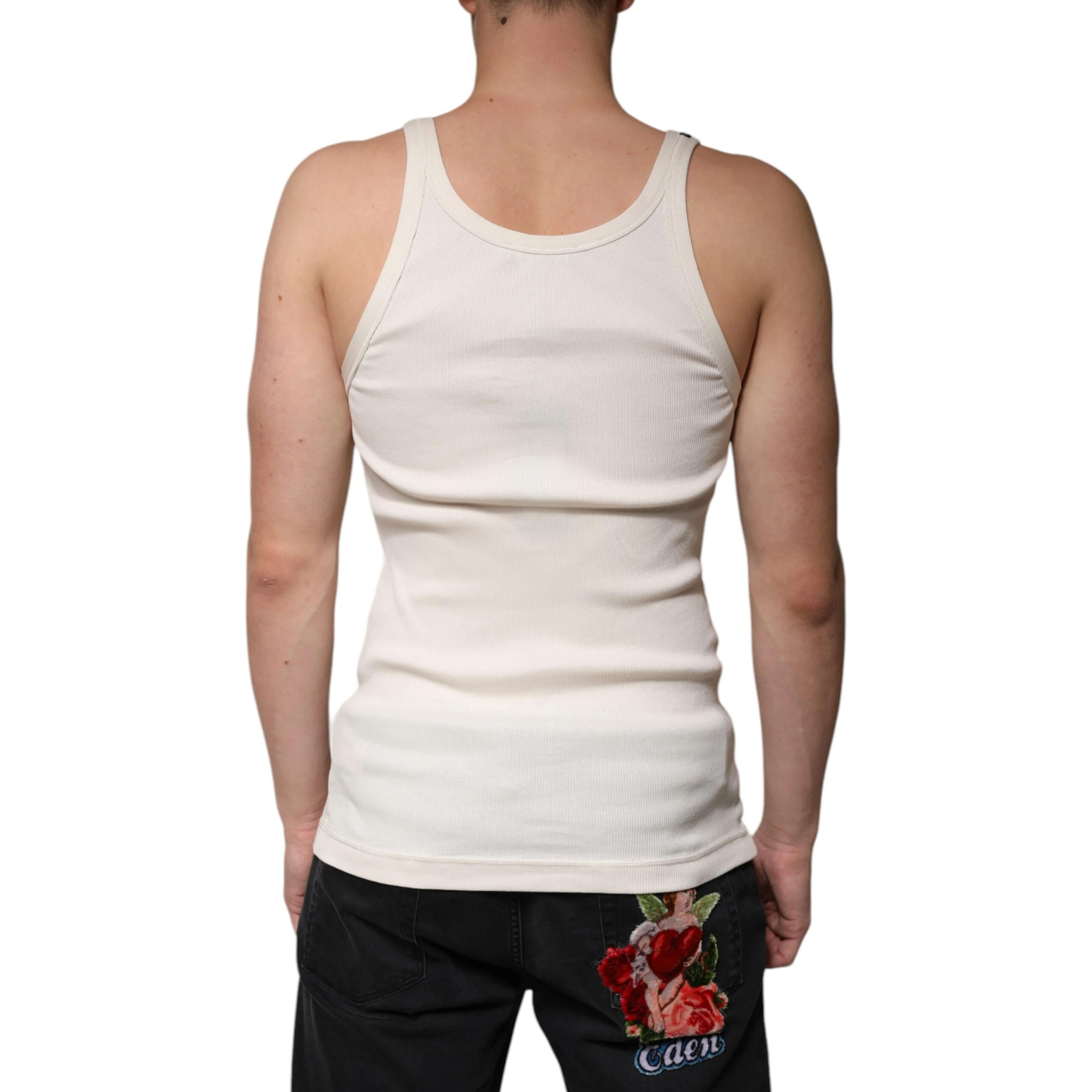 Off White Cotton Sleeveless Round Neck Tank T-shirt