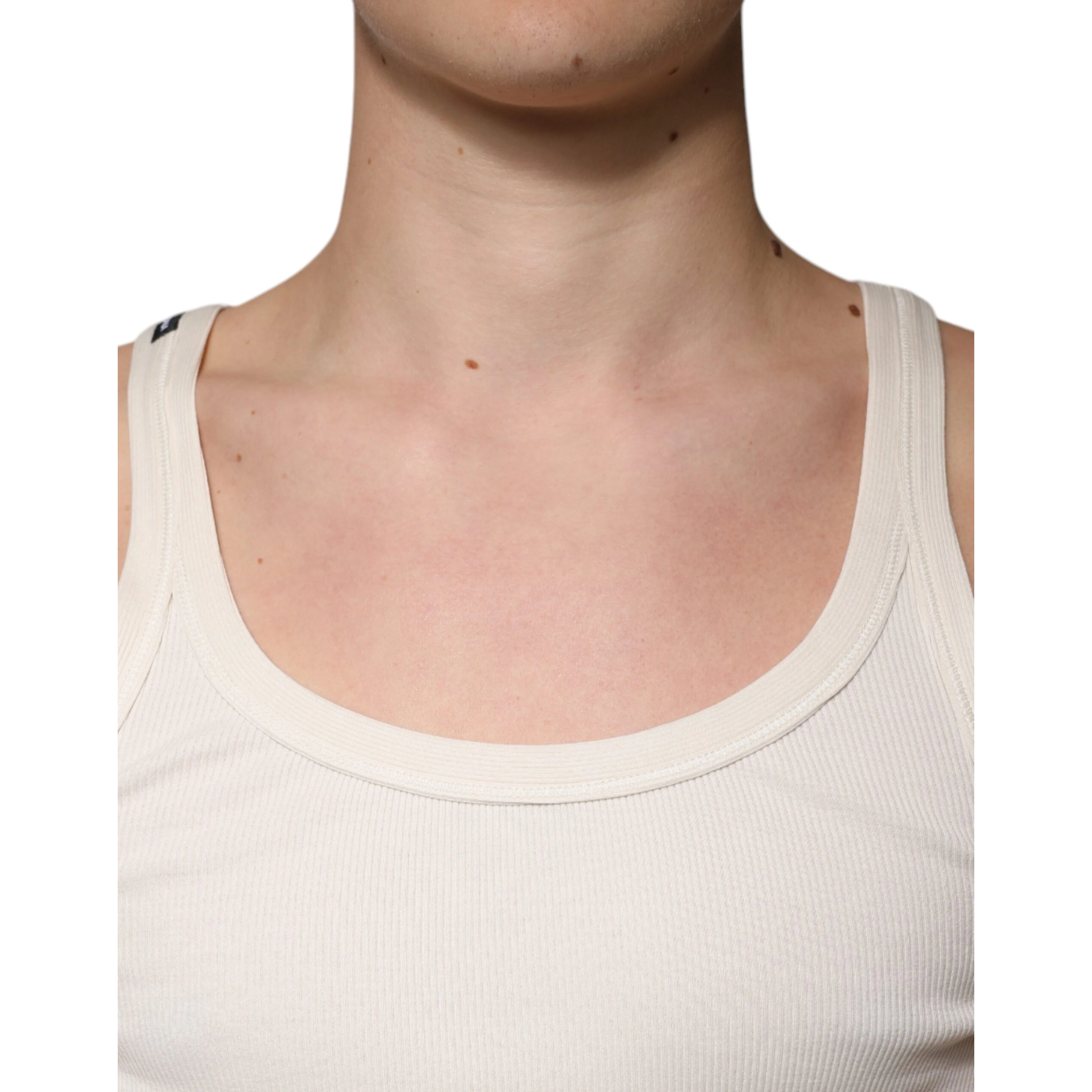 Off White Cotton Sleeveless Round Neck Tank T-shirt