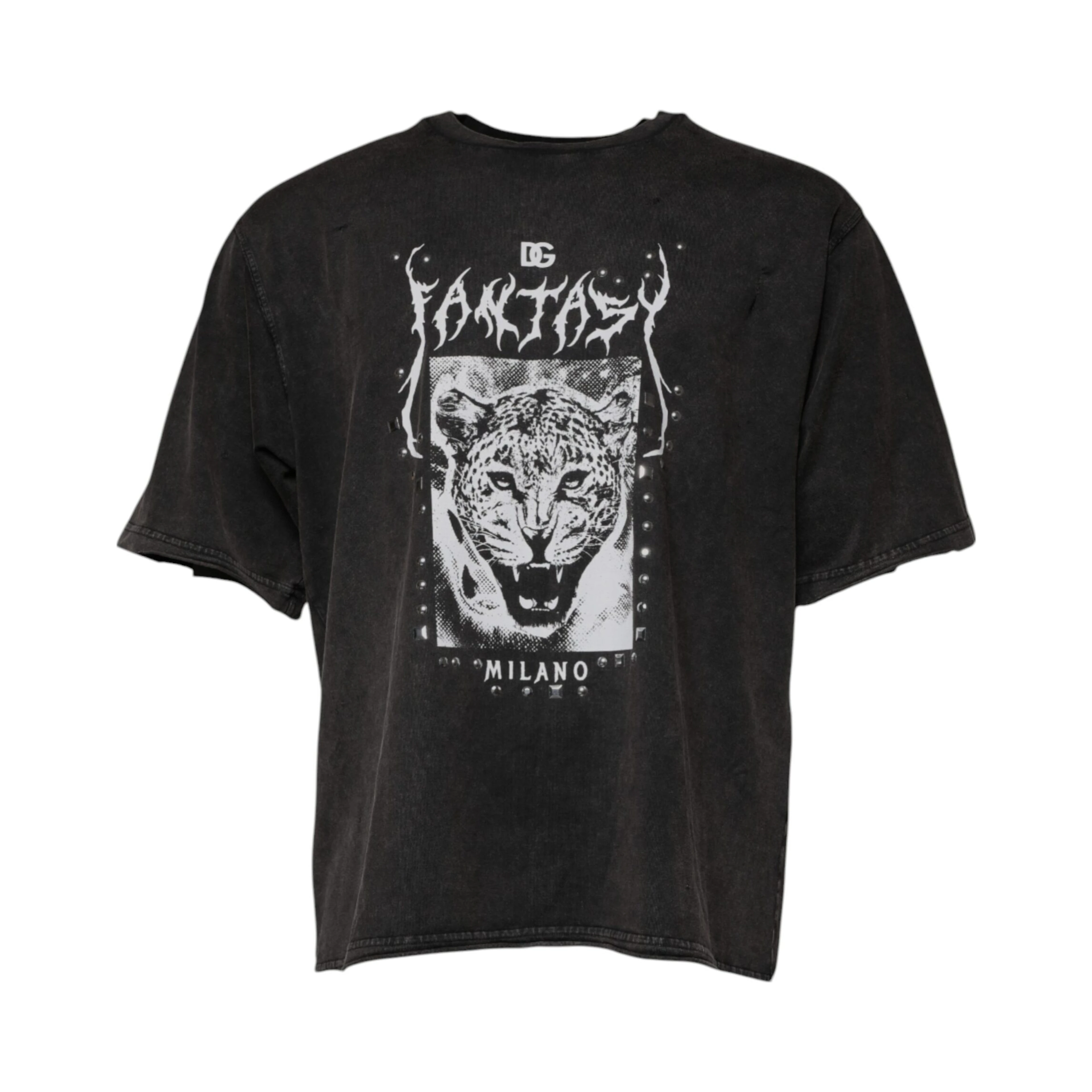 Gray Leopard Print Cotton Crew Neck T-shirt