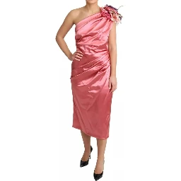 Pink Draped Midi Flower Applique Dress