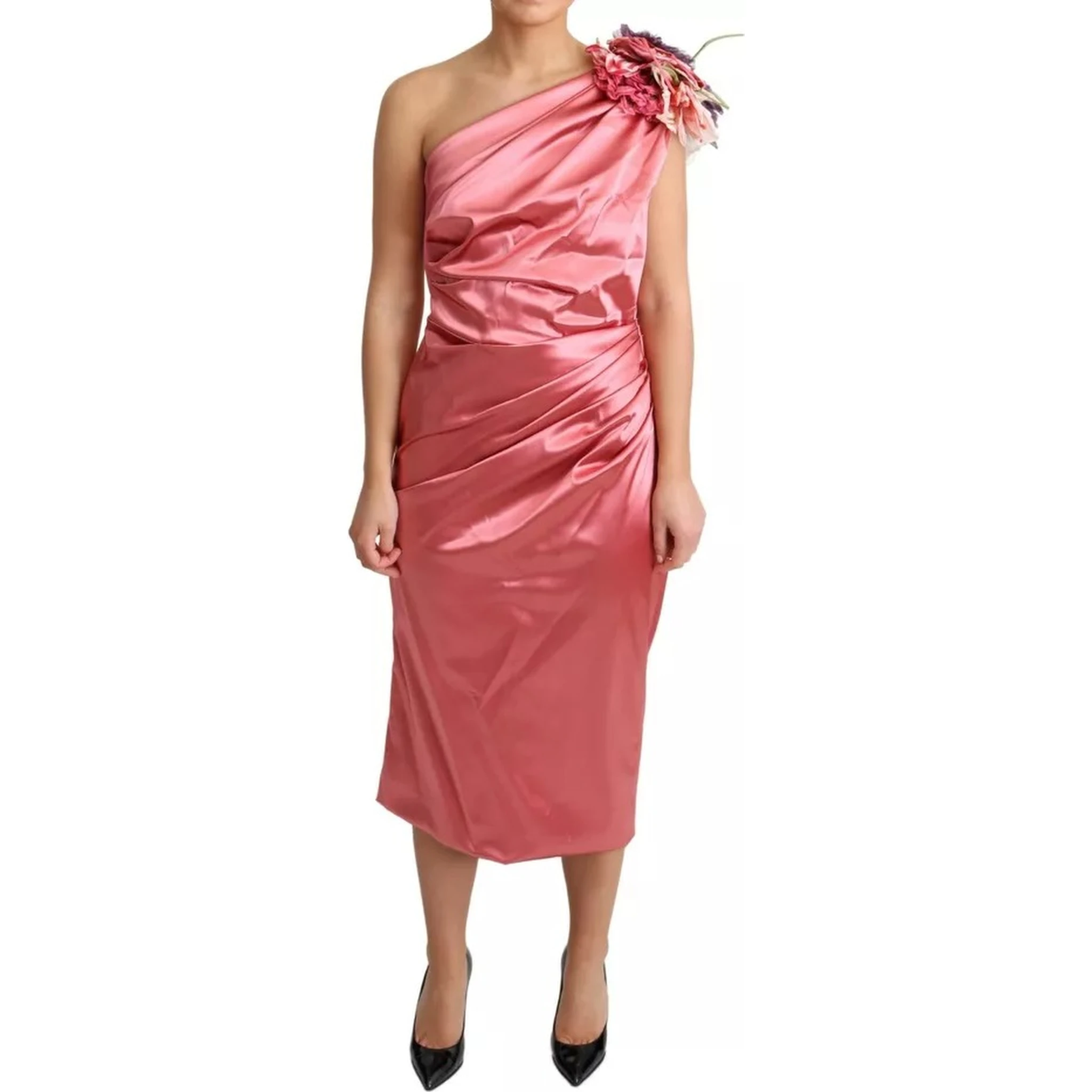 Pink Draped Midi Flower Applique Dress