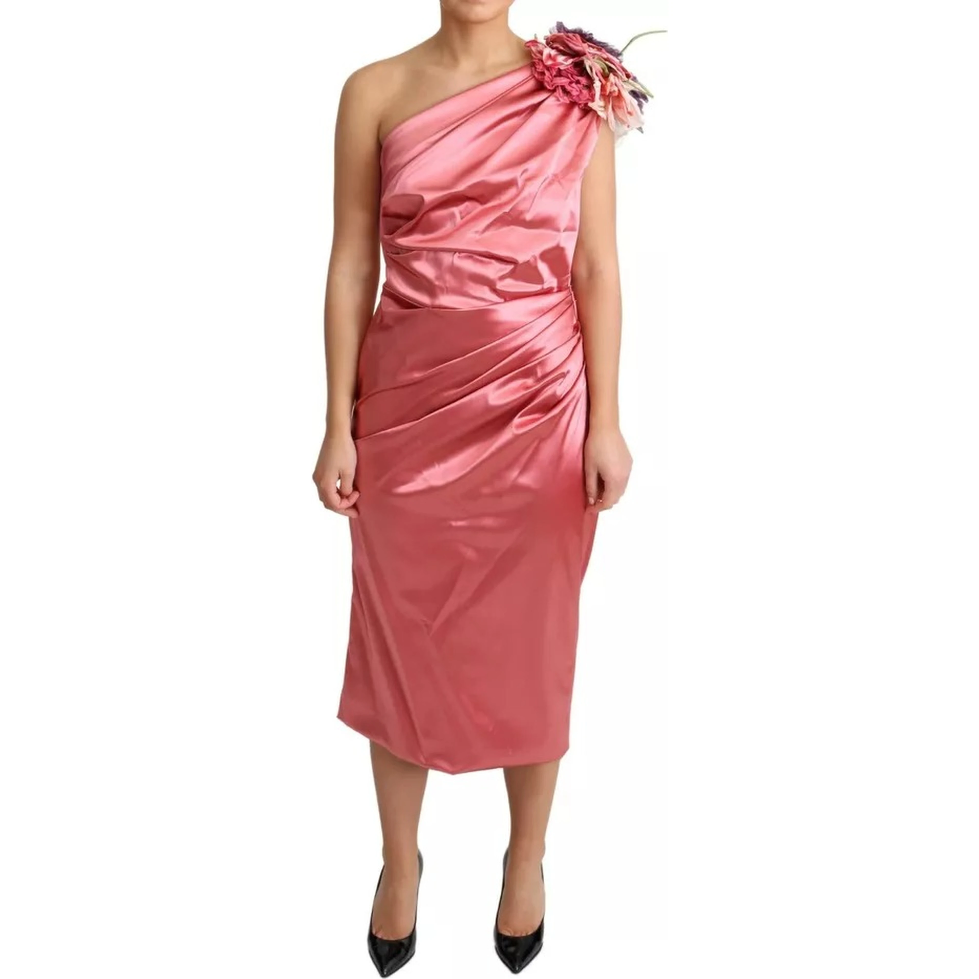 Pink Draped Midi Flower Applique Dress