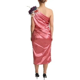 Pink Draped Midi Flower Applique Dress