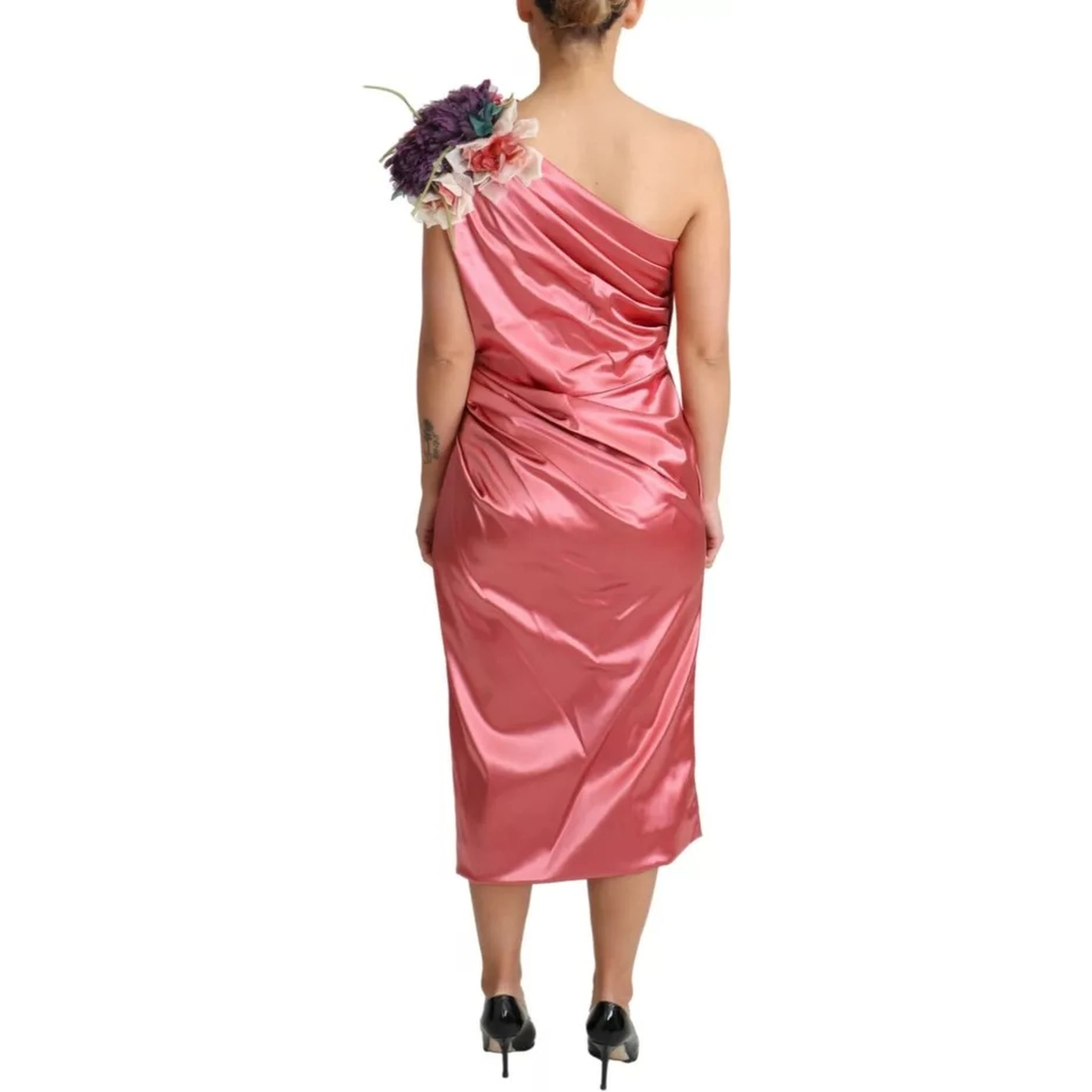Pink Draped Midi Flower Applique Dress